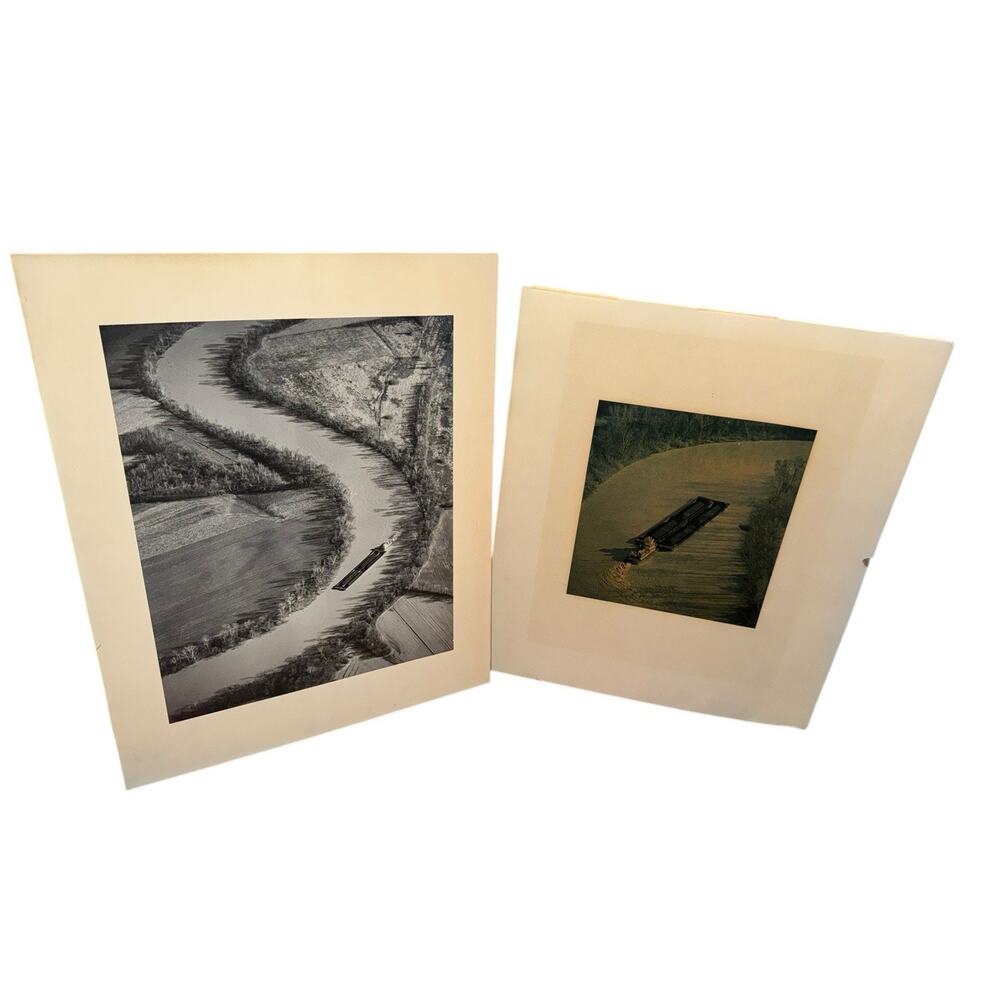 Vintage Midwest Aerial River Barge Photographs Lot 2 Mounted Prints One Signed